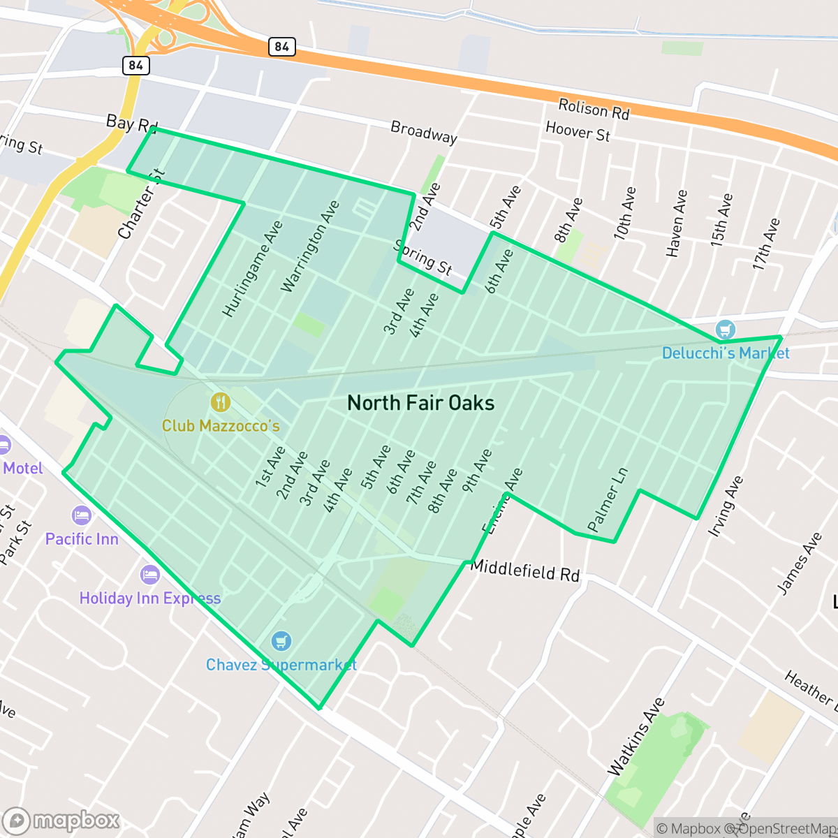 Map showing the location of North Fair Oaks, CA — coverage area