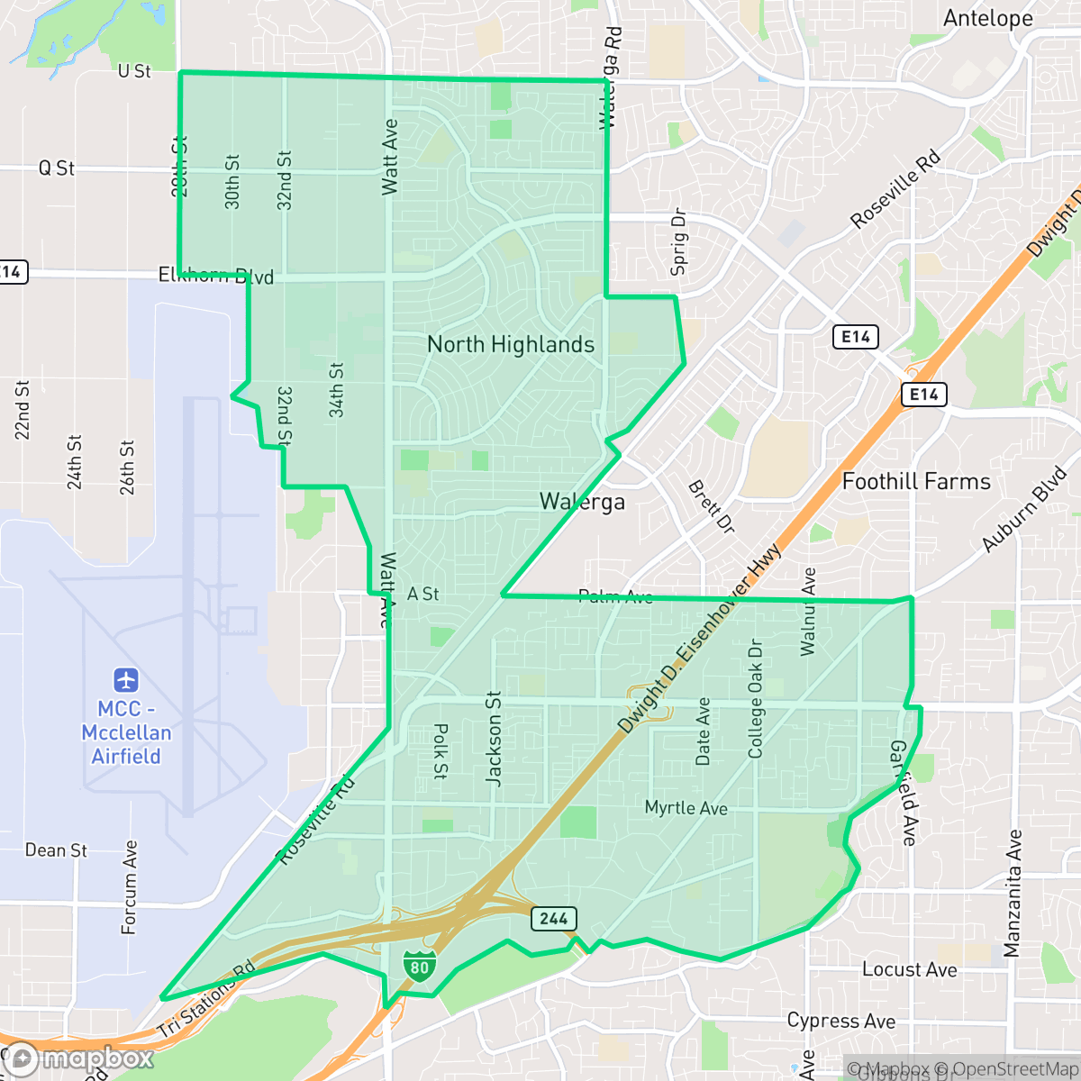 Map showing the location of North Highlands, CA — coverage area