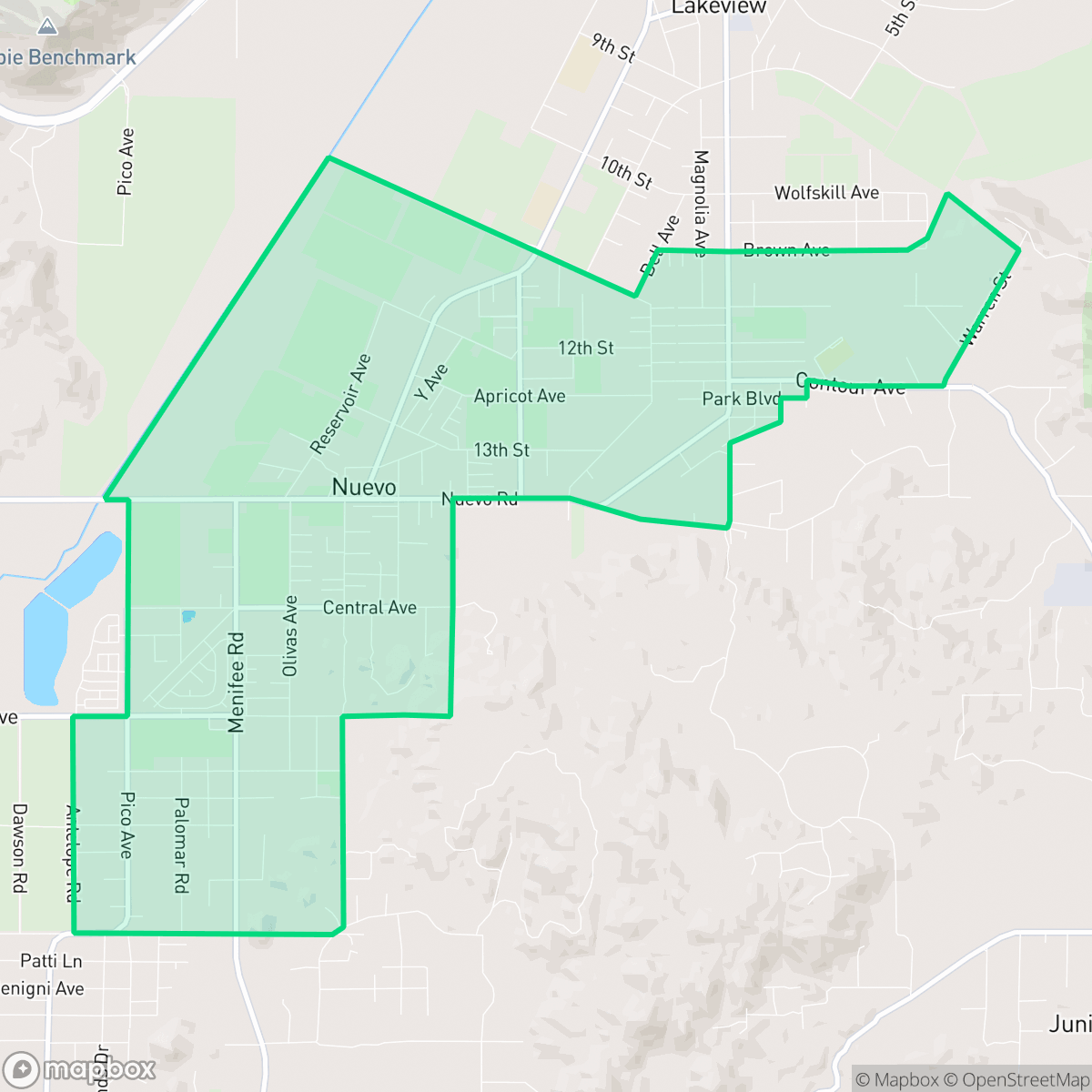 Map showing the location of Nuevo, CA — coverage area