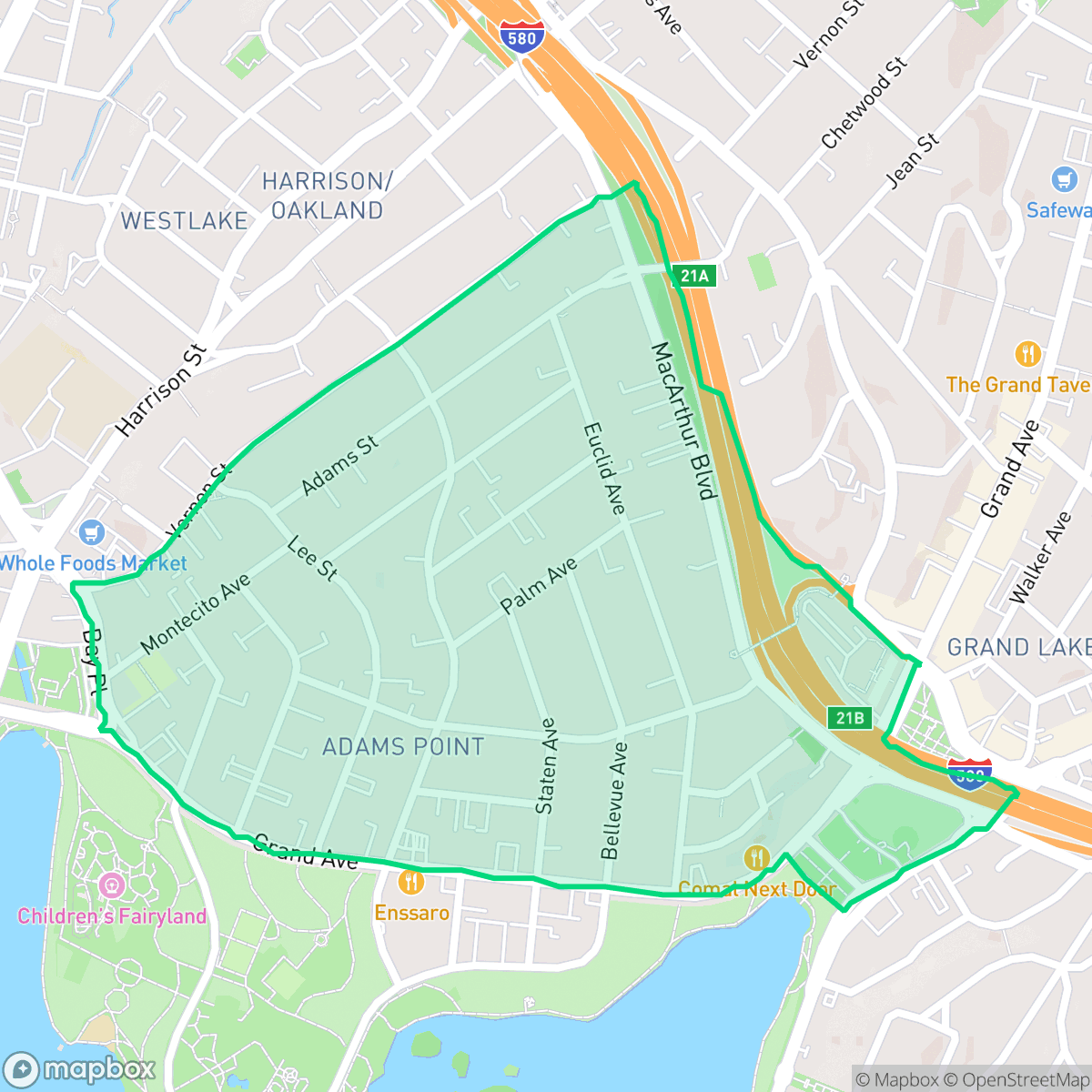 Map showing the location of Adams Point, Oakland, CA