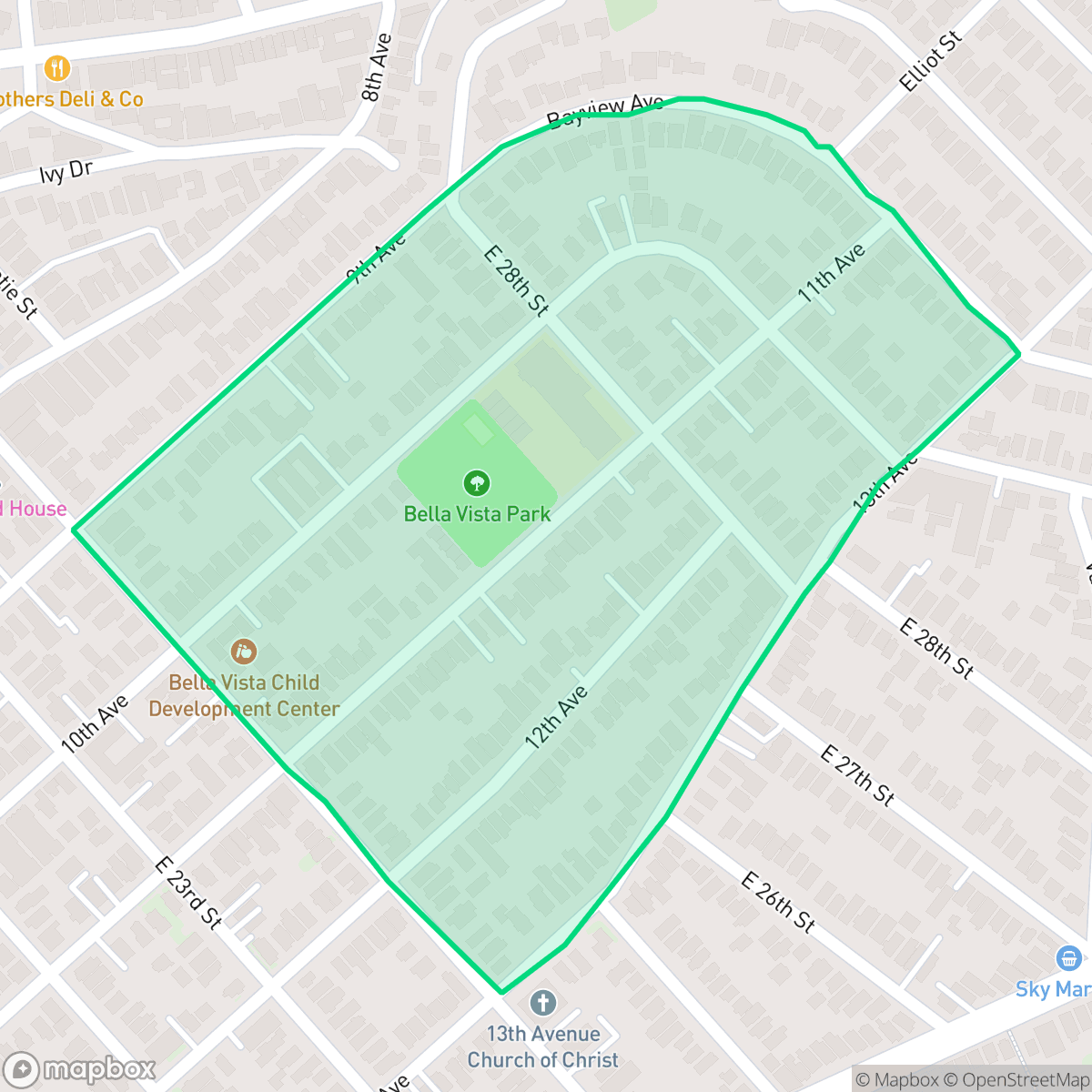 Map showing the location of Bella Vista, Oakland, CA