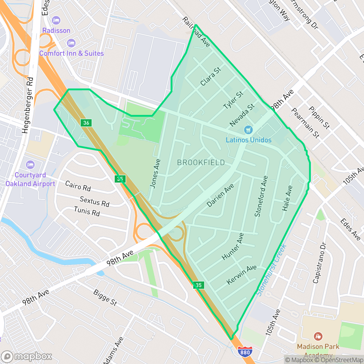 Map showing the location of Brookfield Village, Oakland, CA