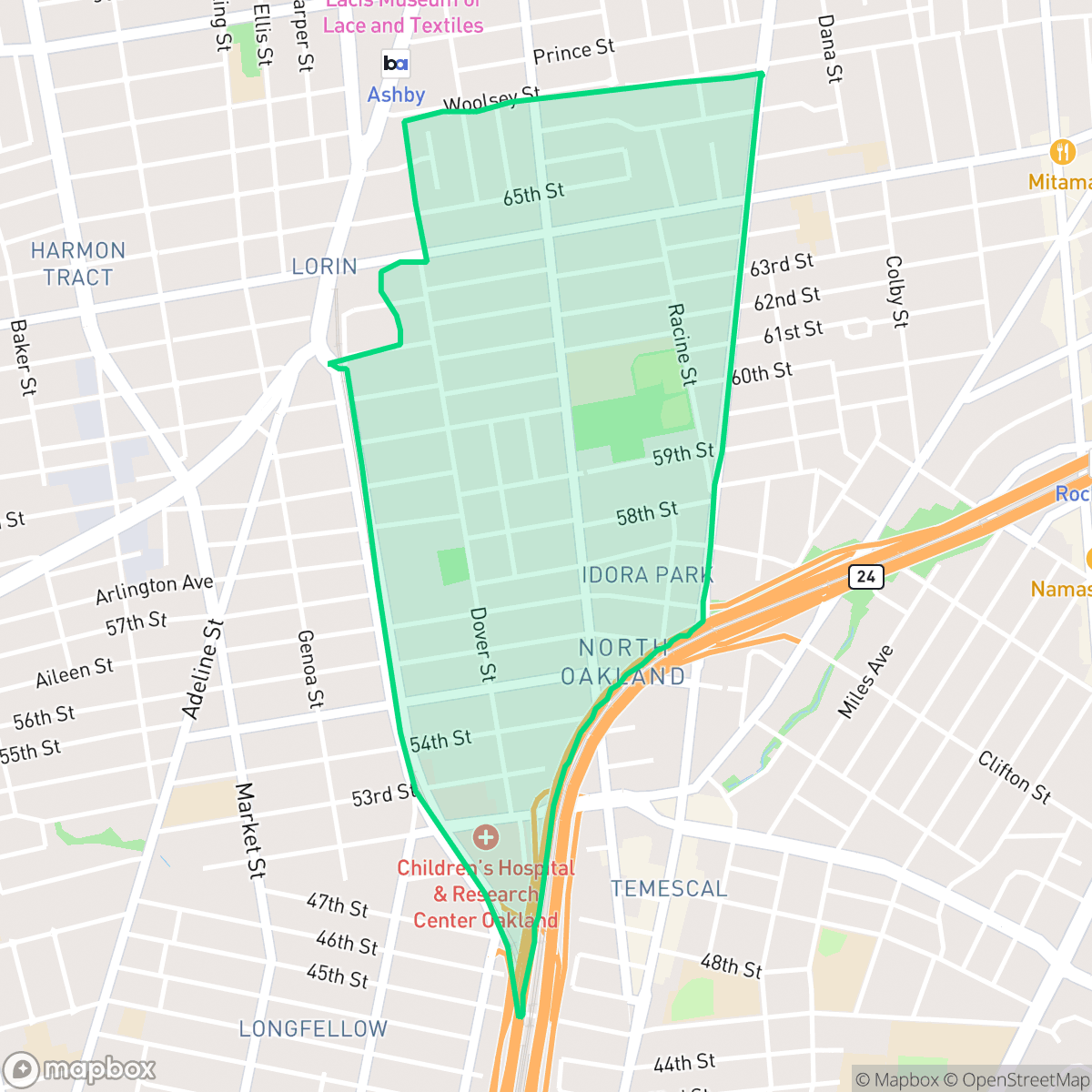Map showing the location of Bushrod, Oakland, CA