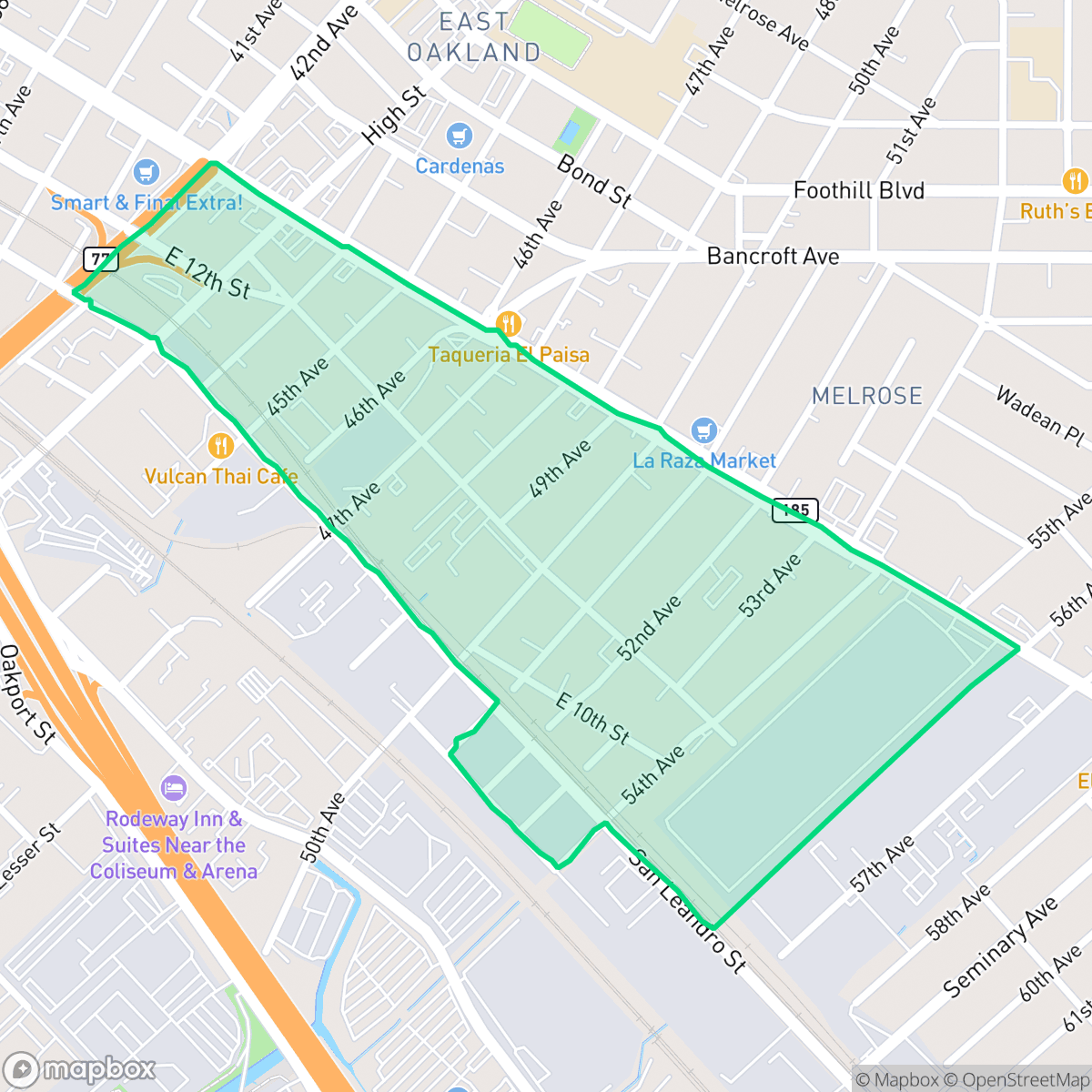 Map showing the location of Melrose, Oakland, CA