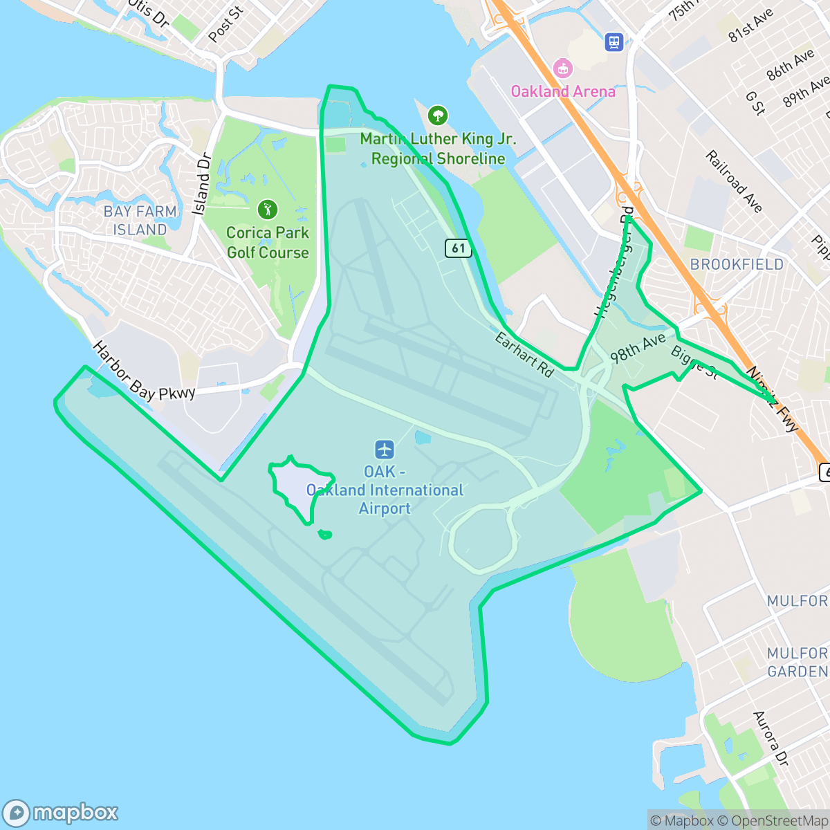 Map showing the location of Oakland Airport, Oakland, CA