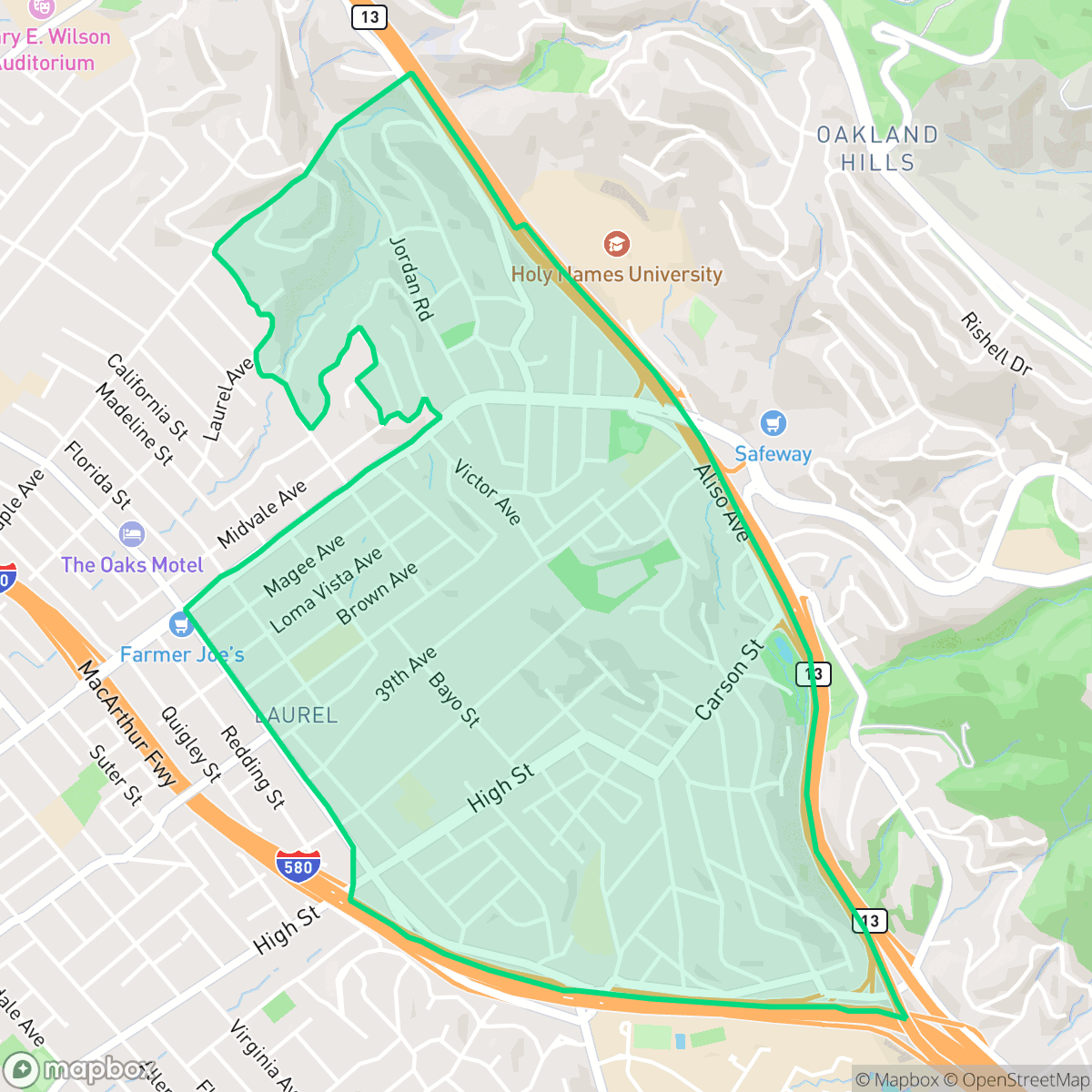 Map showing the location of Redwood Heights, Oakland, CA