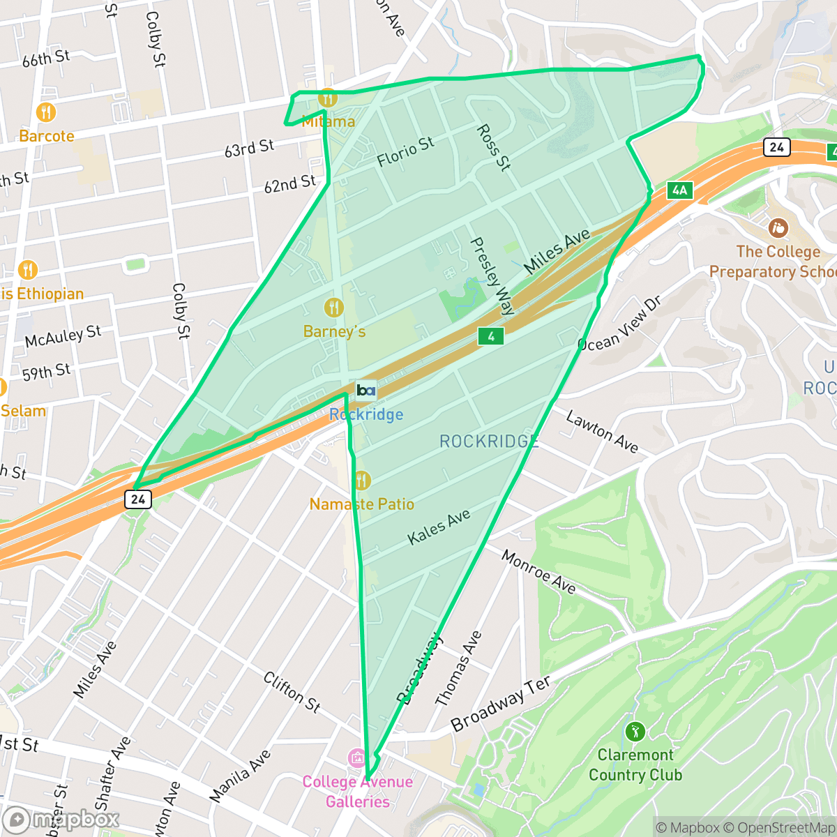 Map showing the location of Rockridge, Oakland, CA