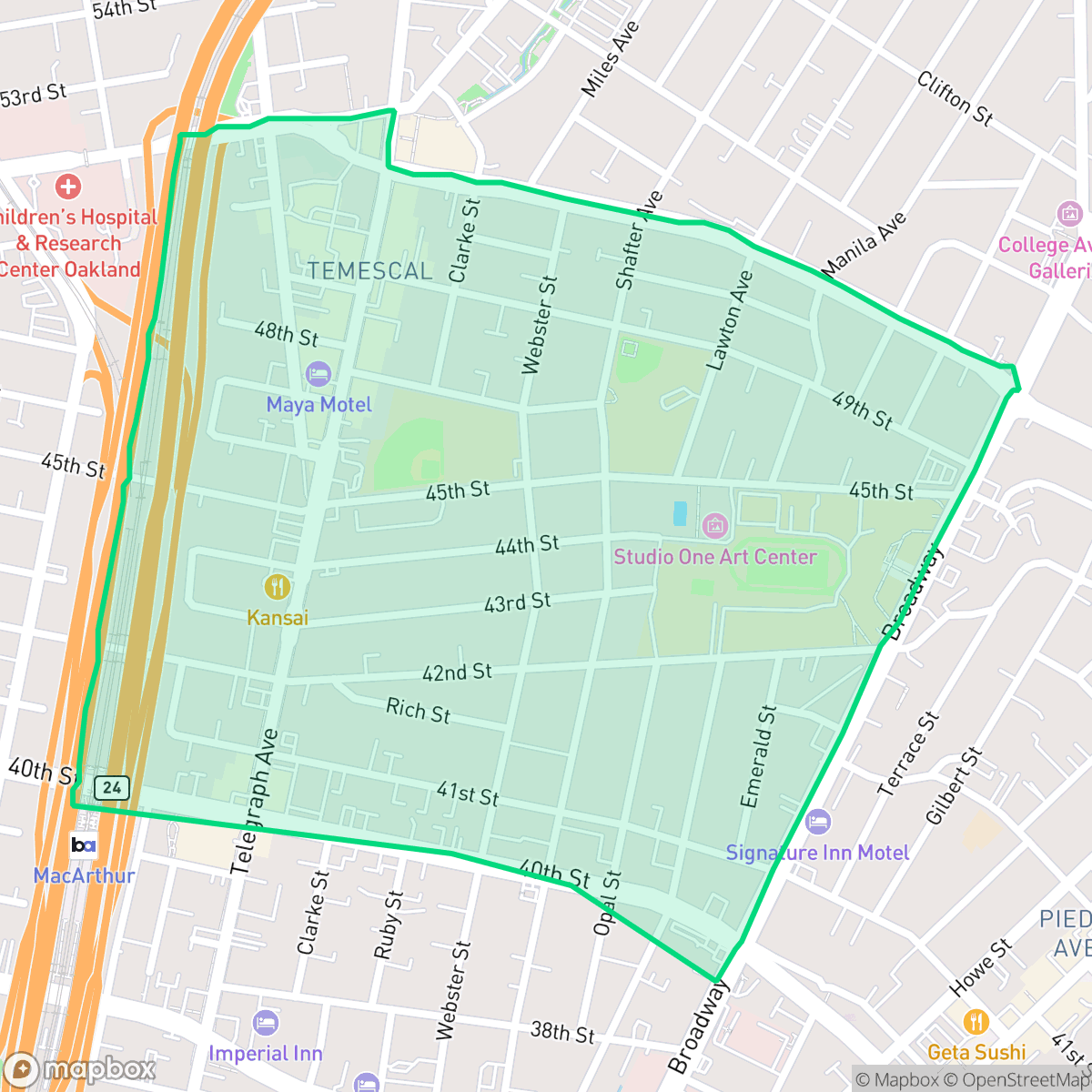 Map showing the location of Temescal, Oakland, CA