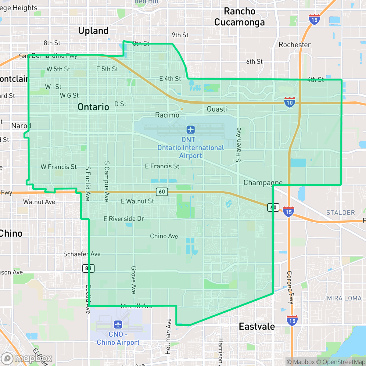 Map showing the location of Ontario, CA — coverage area