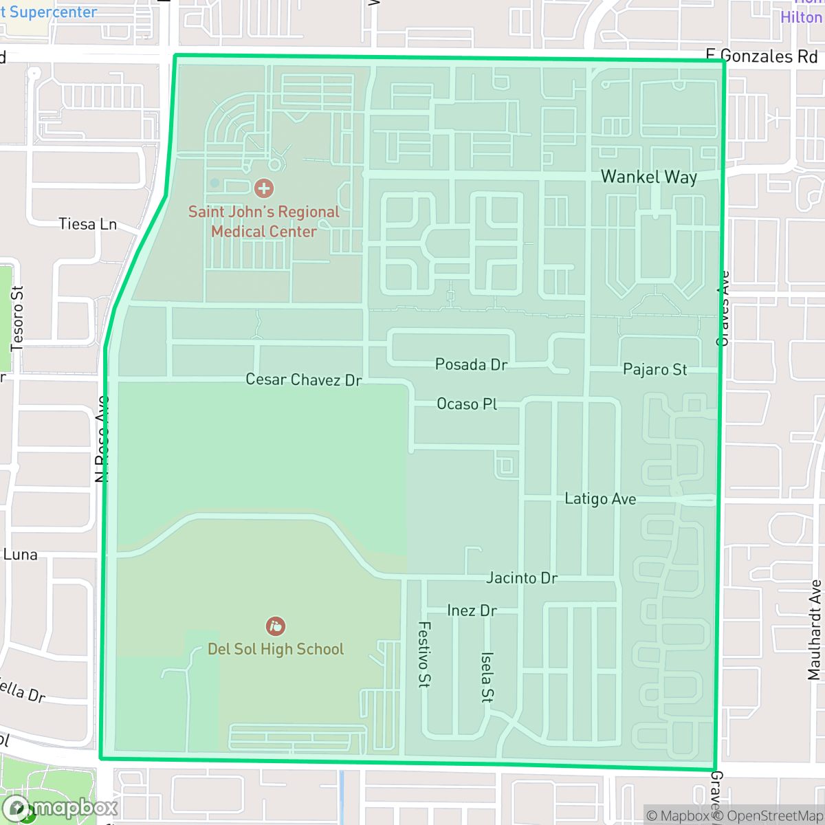 Map showing the location of East Village, Oxnard, CA