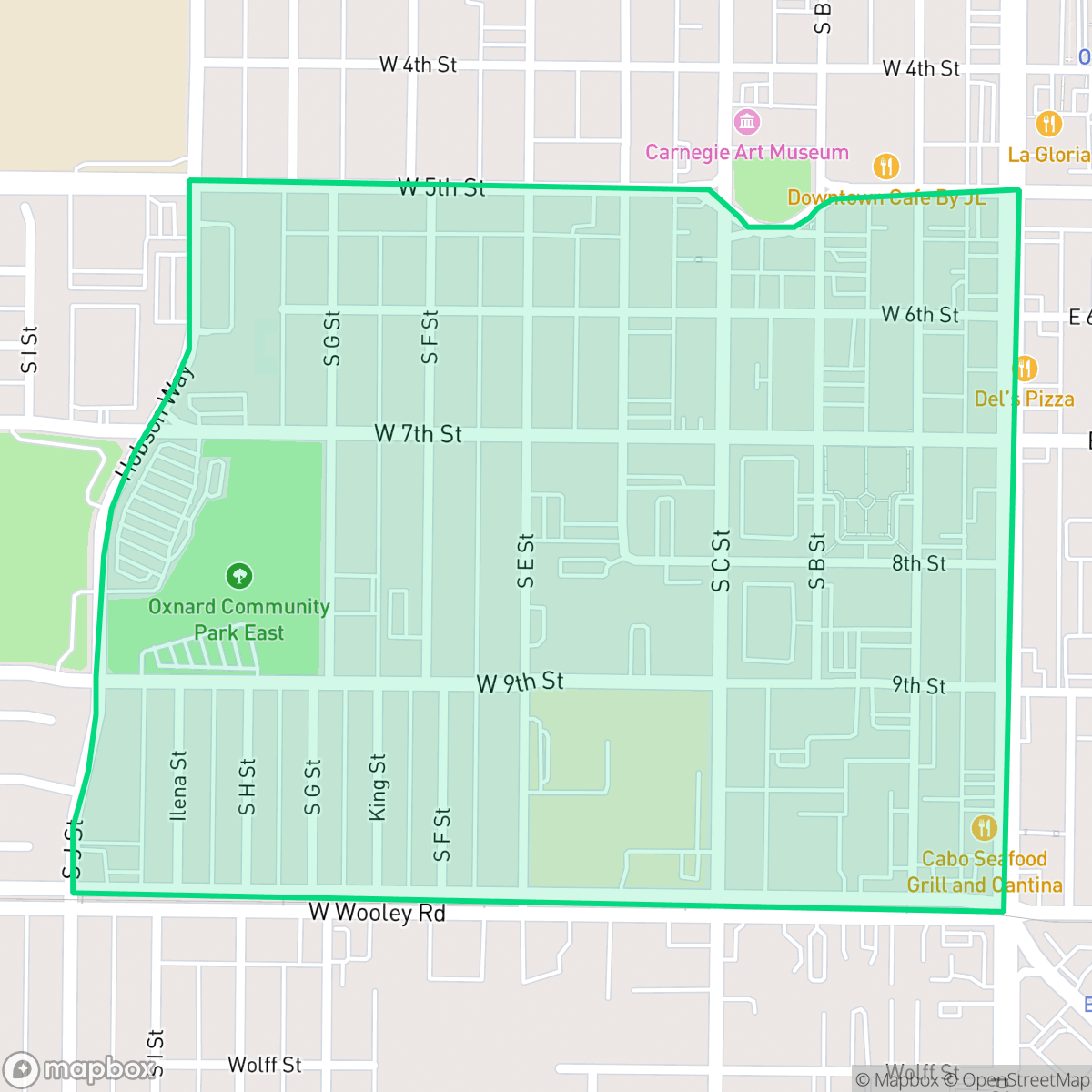 Map showing the location of Hobson Park East, Oxnard, CA