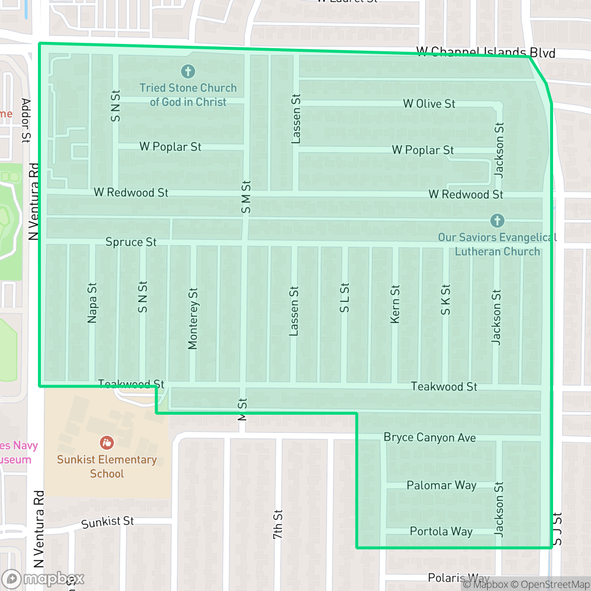 Map showing the location of Redwood, Oxnard, CA
