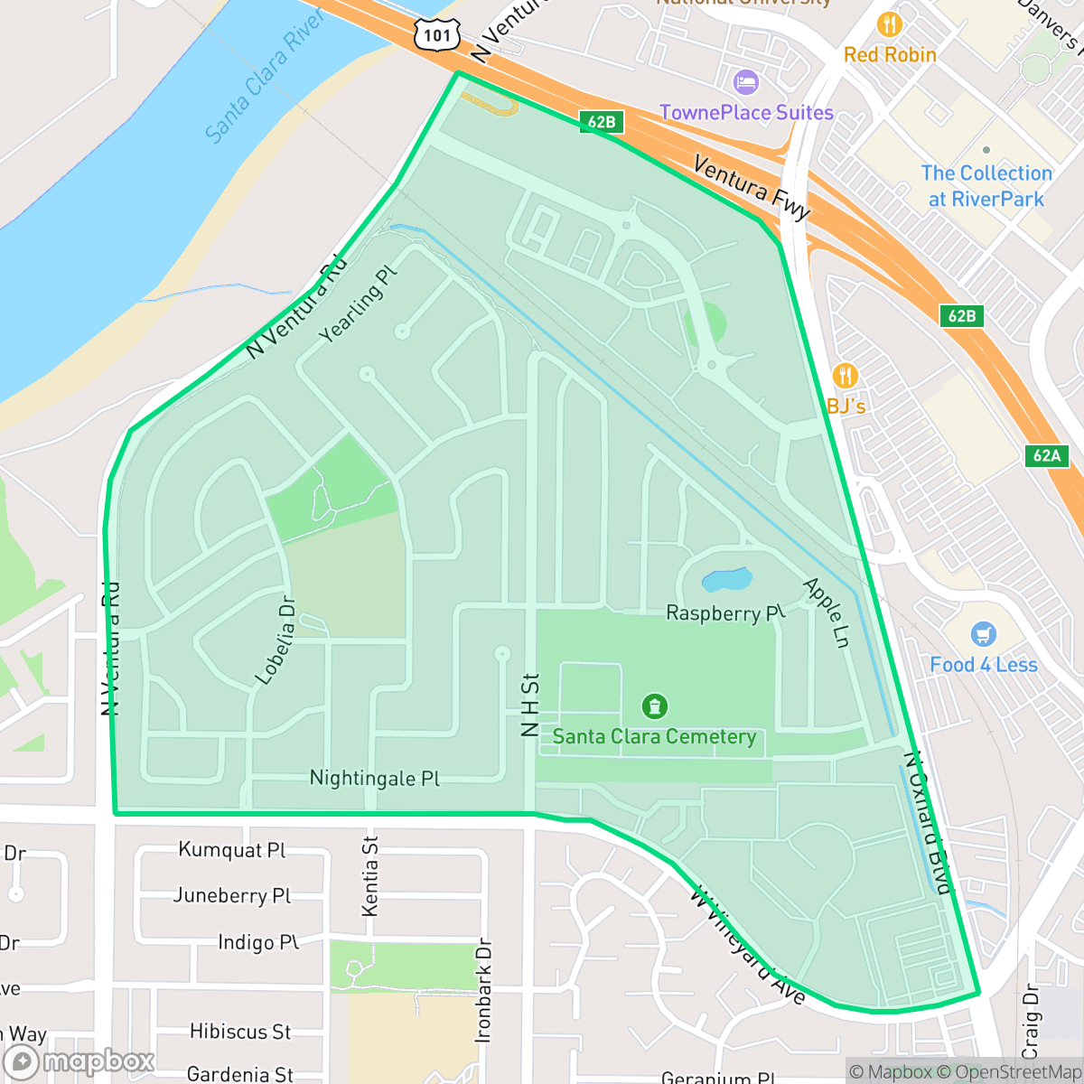 Map showing the location of South Bank, Oxnard, CA