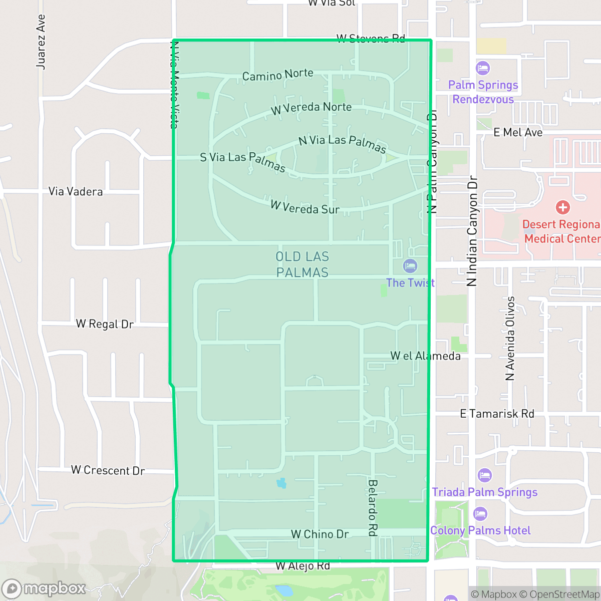 Map showing the location of Old Las Palmas, Palm Springs, CA