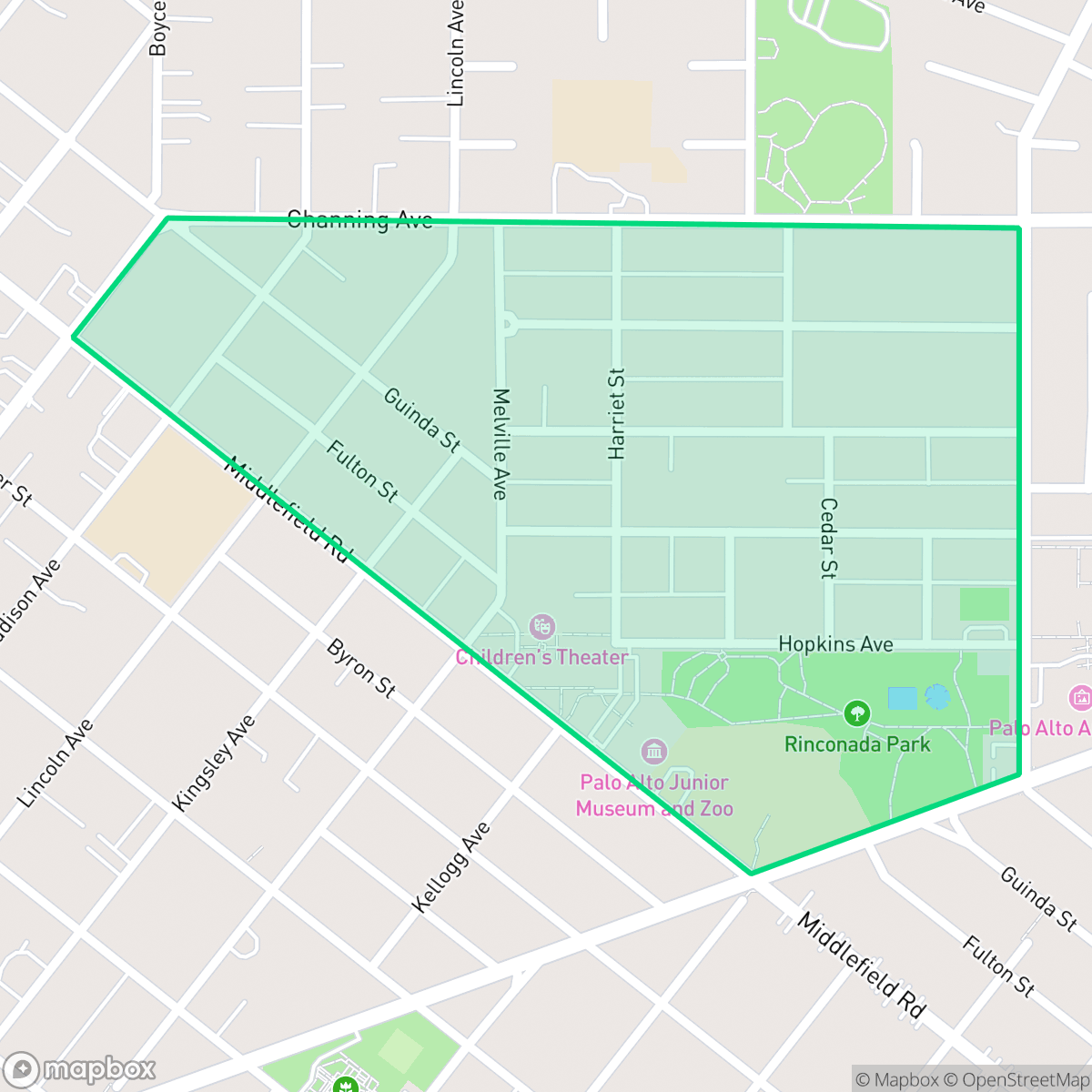 Map showing the location of Community Center, Palo Alto, CA