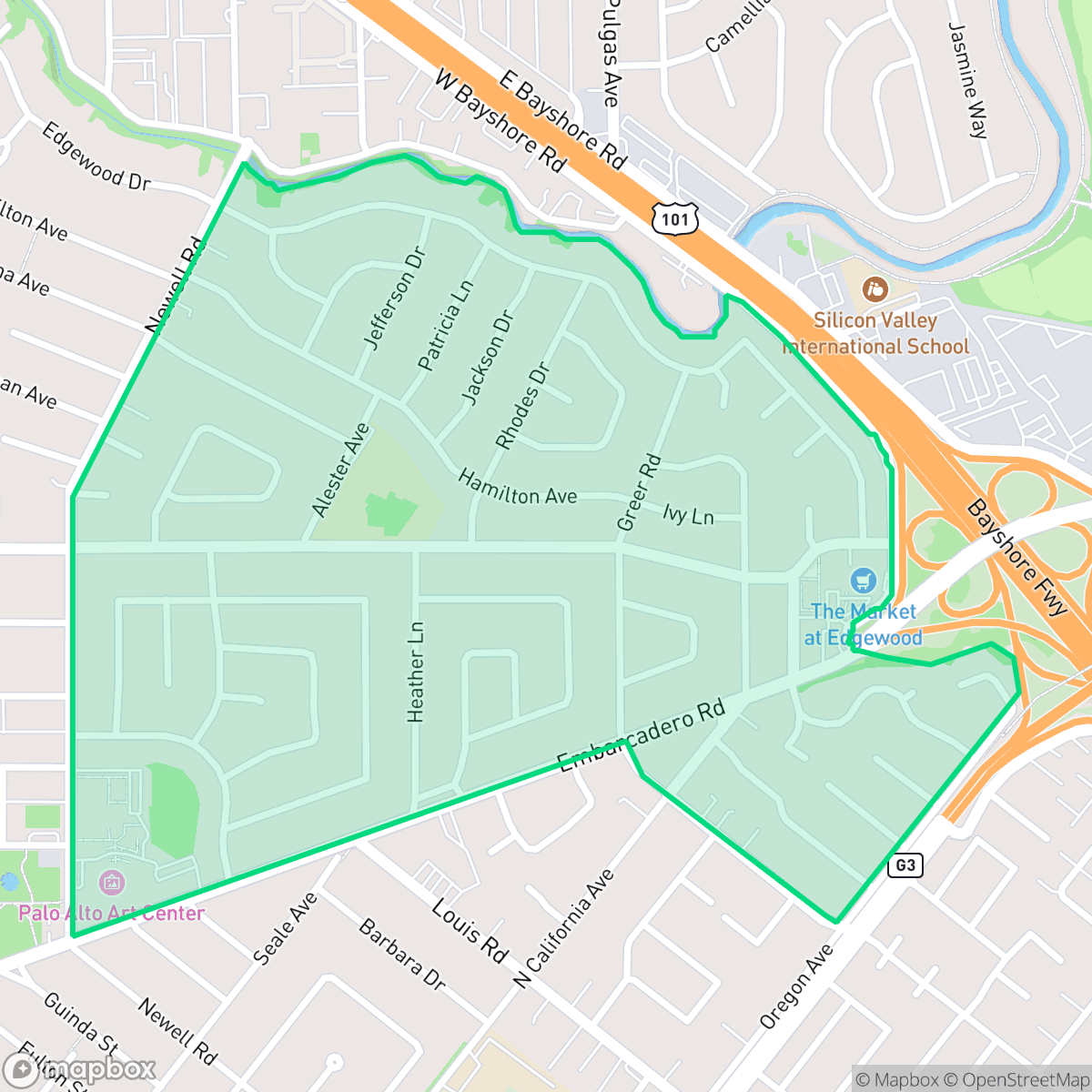 Map showing the location of Duveneck - St. Francis, Palo Alto, CA