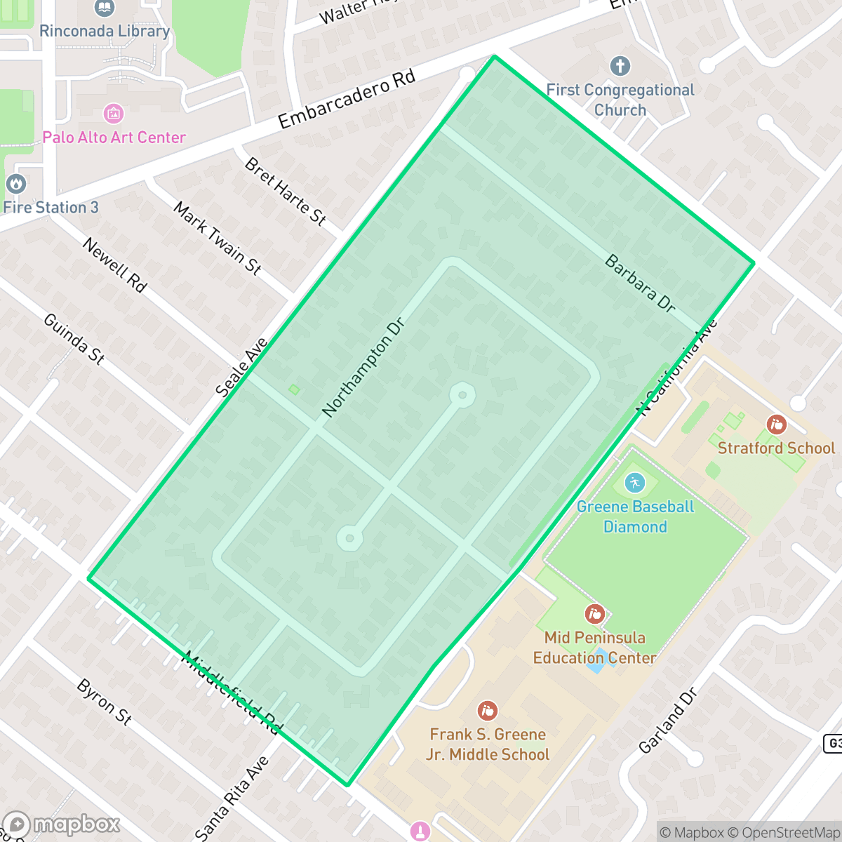 Map showing the location of Leland Manor, Palo Alto, CA