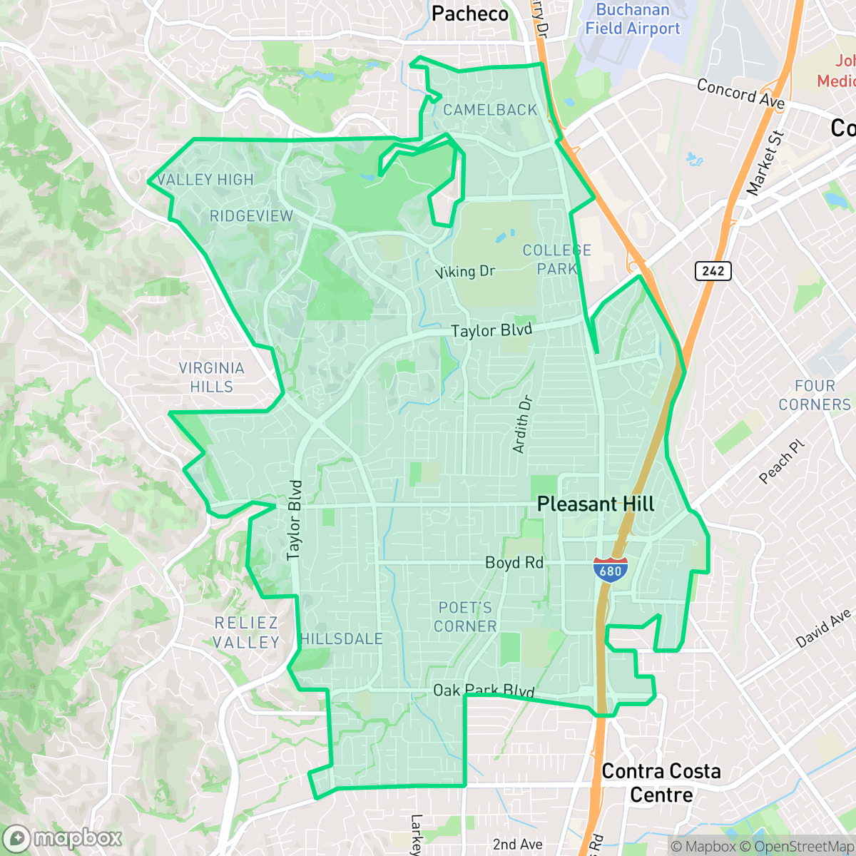 Map showing the location of Pleasant Hill, CA — coverage area