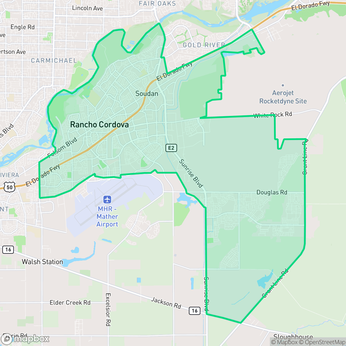 Map showing the location of Rancho Cordova, CA — coverage area