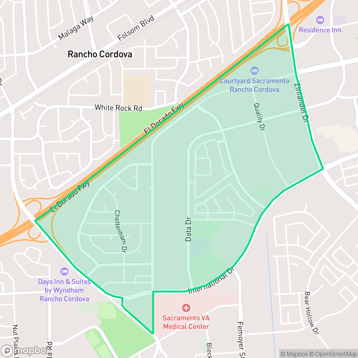 Map showing the location of South White Rock, Rancho Cordova, CA