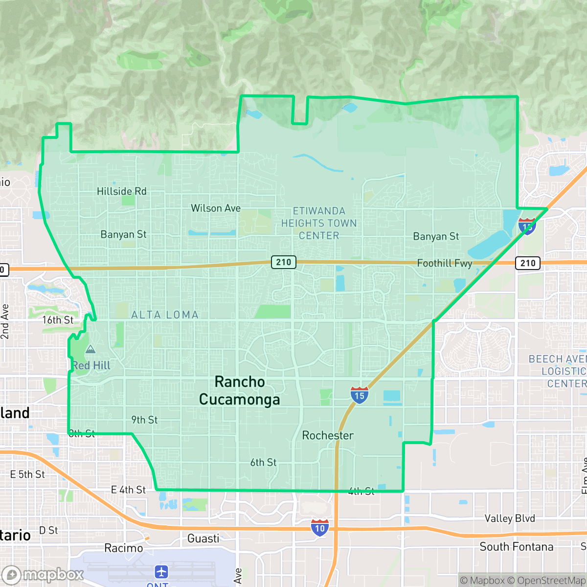Map showing the location of Rancho Cucamonga, CA — coverage area