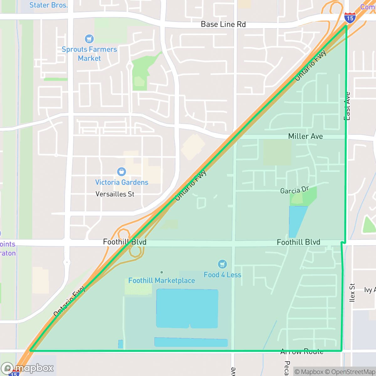 Map showing the location of Eastside, Rancho Cucamonga, CA