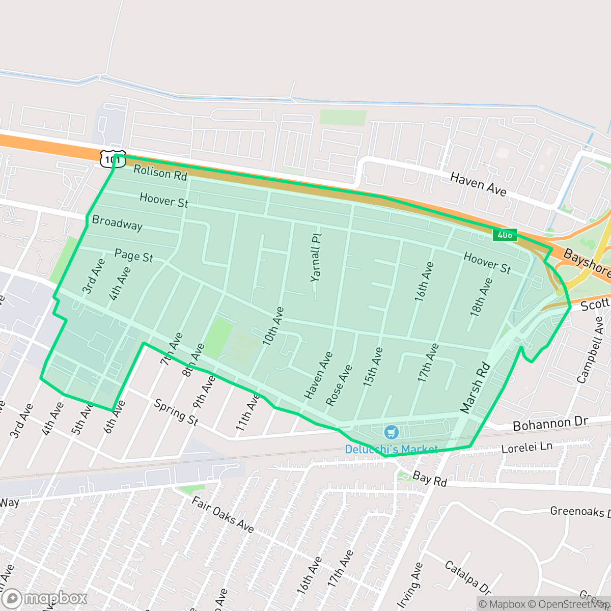 Map showing the location of Friendly Acres, Redwood City, CA