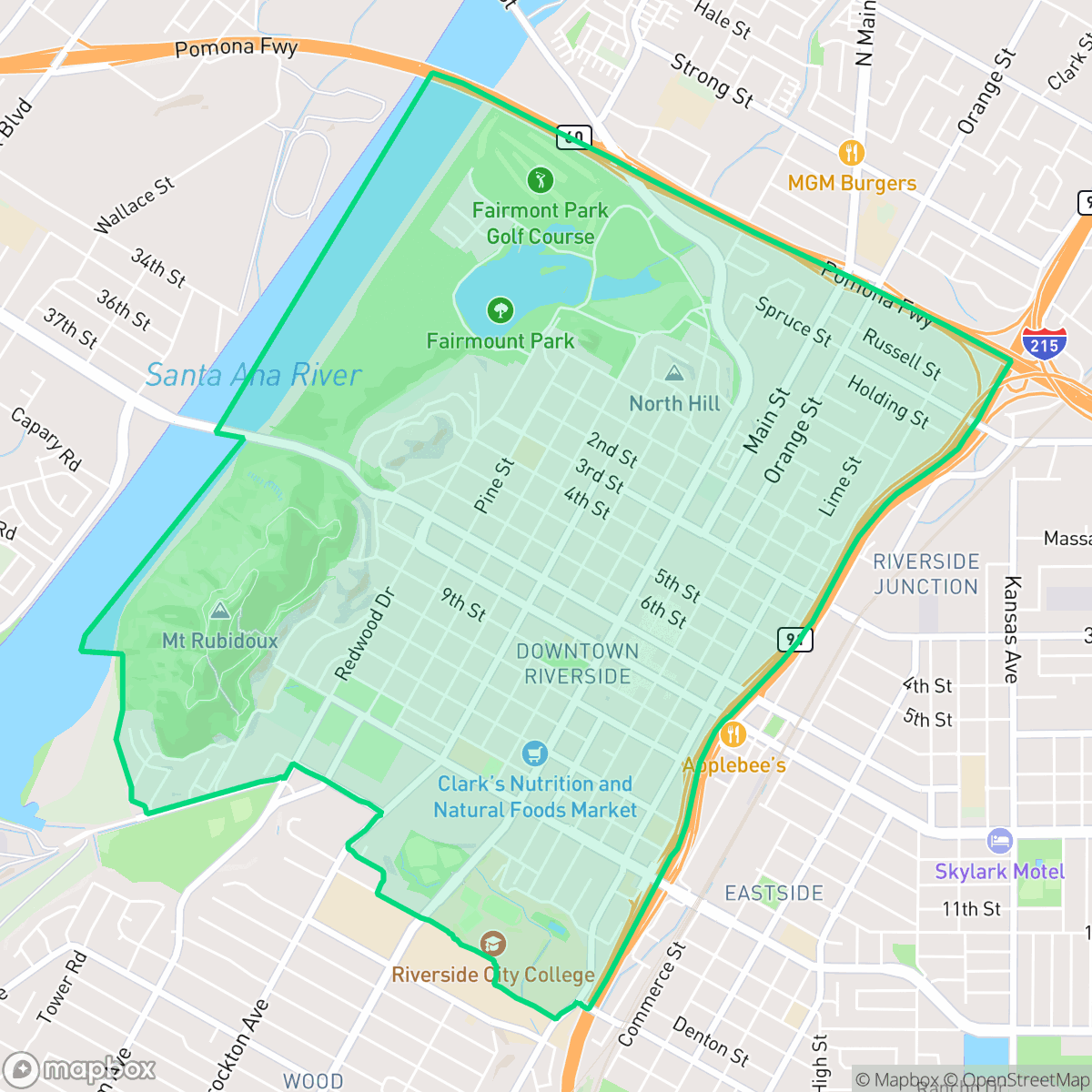 Map showing the location of Downtown, Riverside, CA