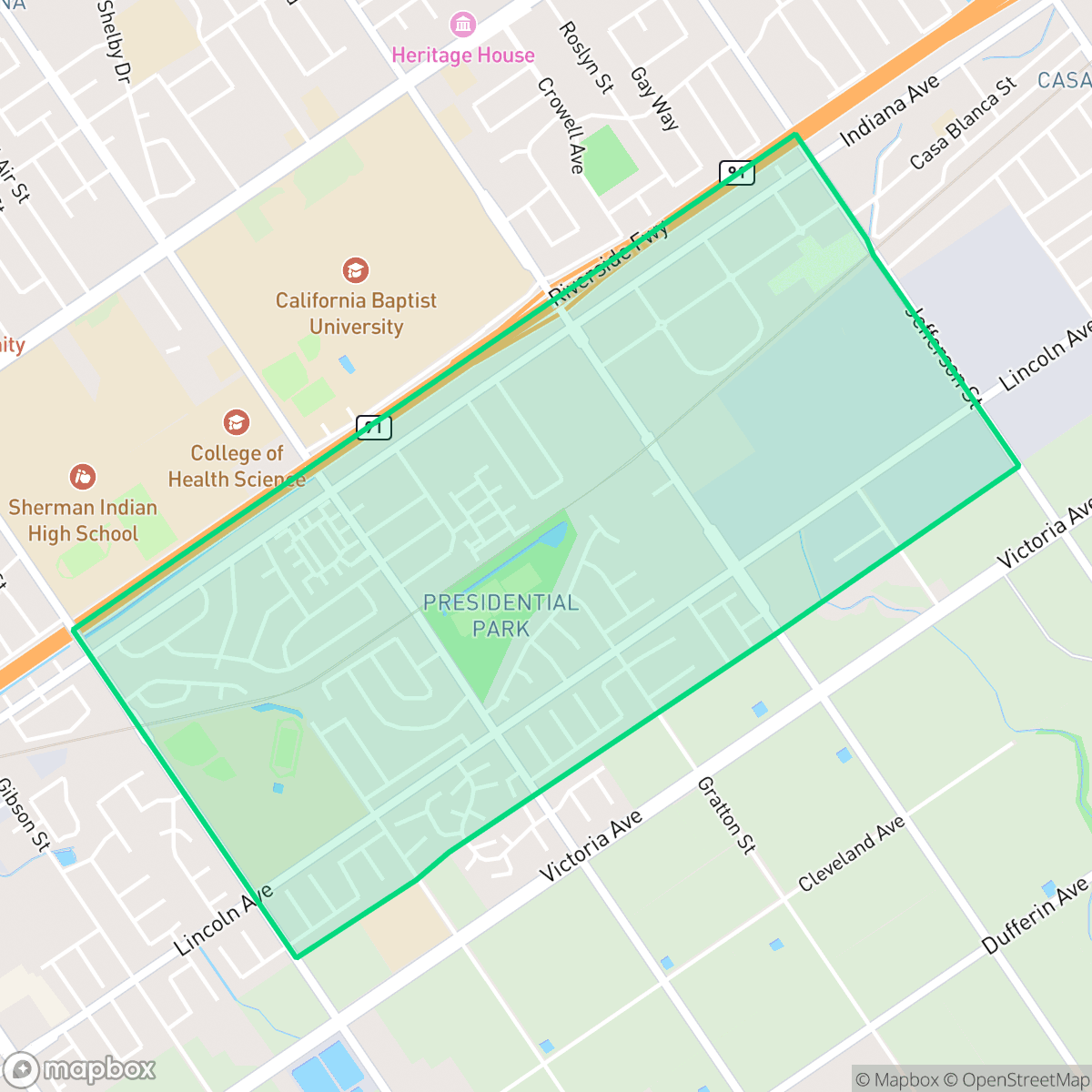 Map showing the location of Presidential Park, Riverside, CA