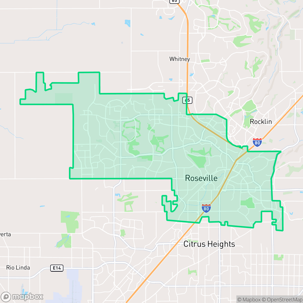 Map showing the location of Roseville, CA — coverage area