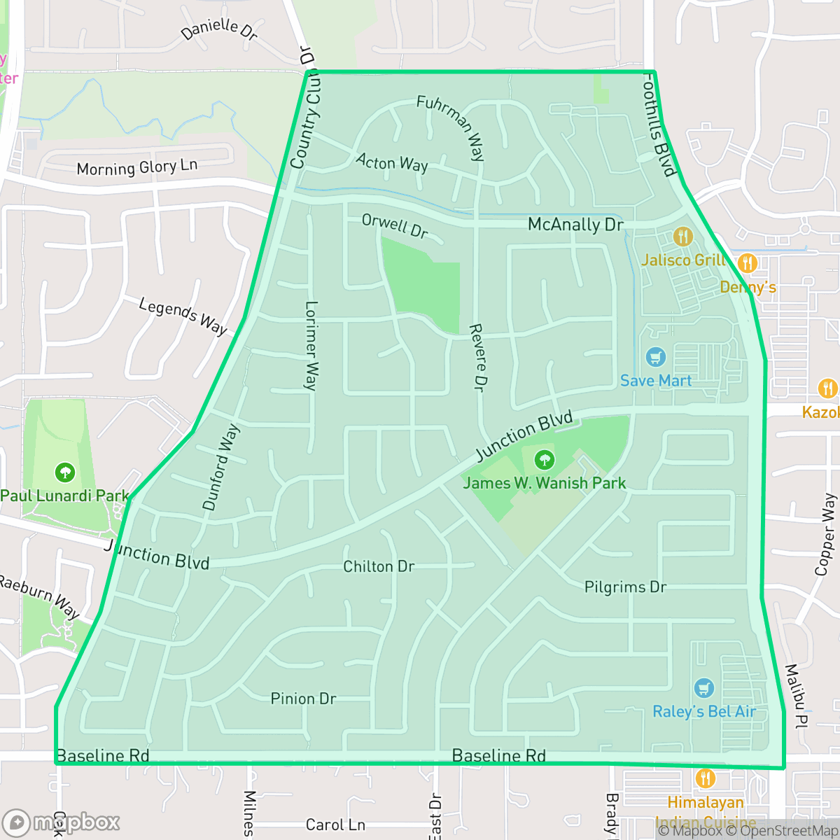 Map showing the location of Foothills Junction, Roseville, CA