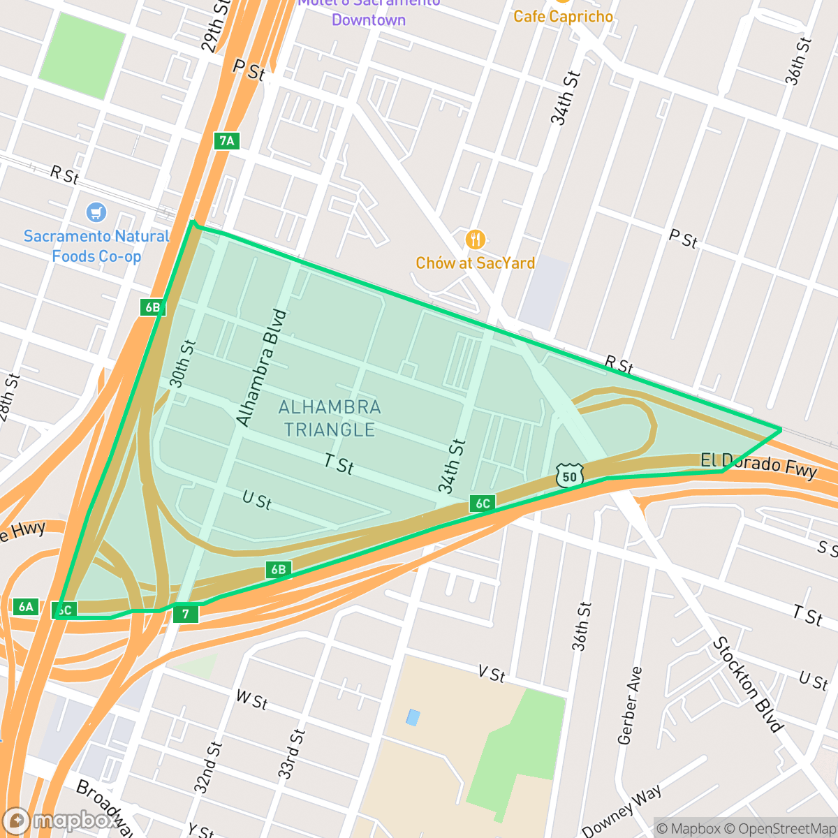 Map showing the location of Alhambra Triangle, Sacramento, CA