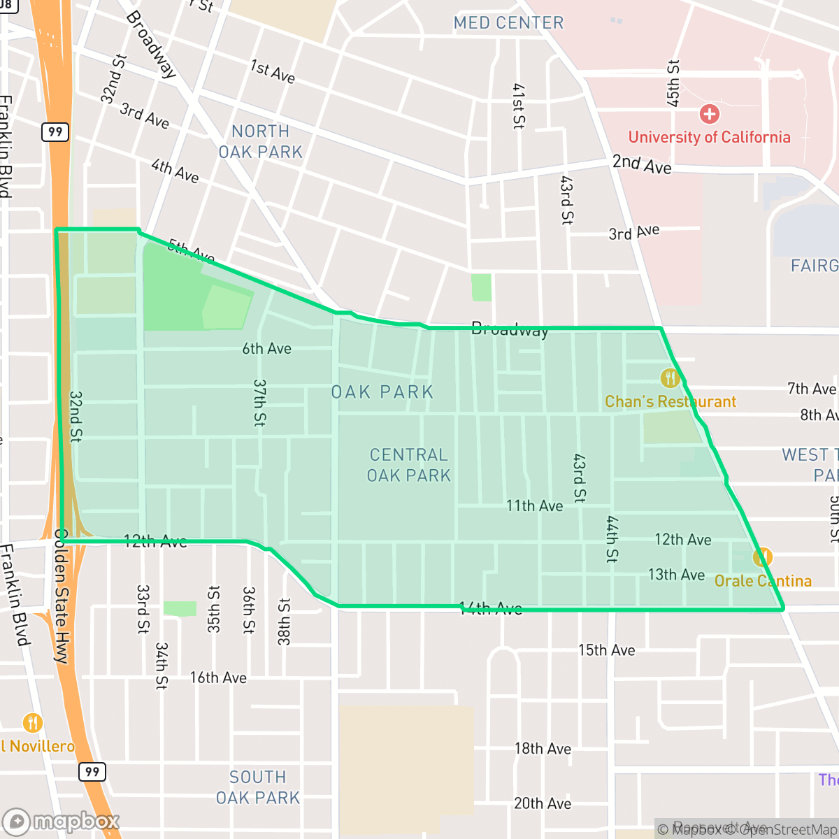 Map showing the location of Central Oak Park, Sacramento, CA