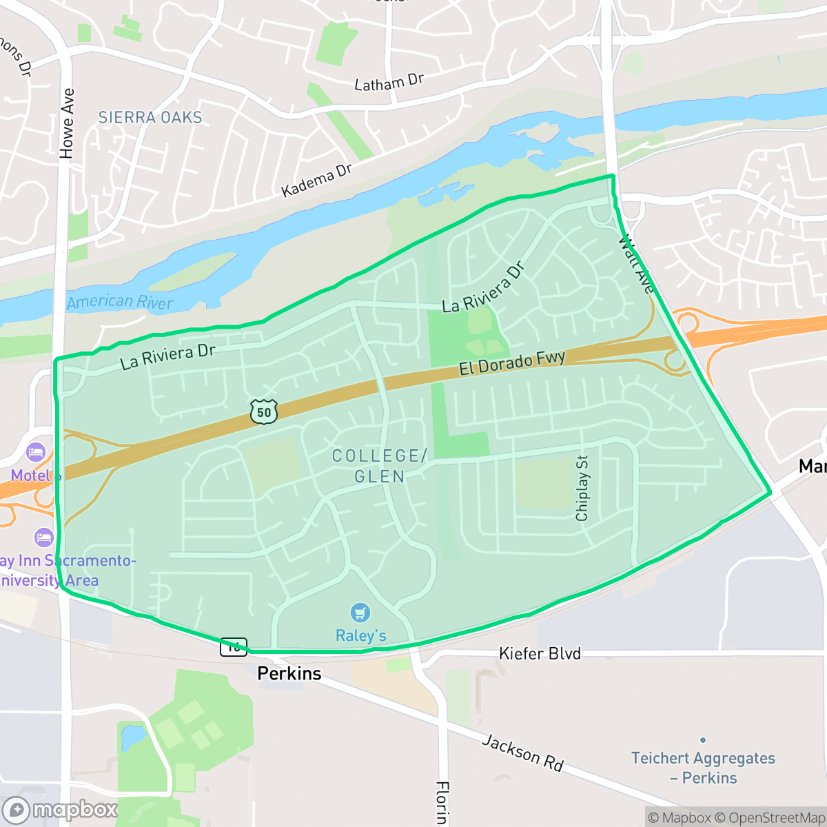 Map showing the location of College-Glen, Sacramento, CA