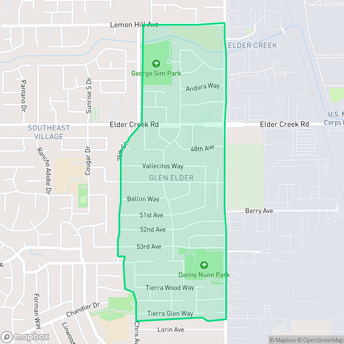 Map showing the location of Glen Elder, Sacramento, CA