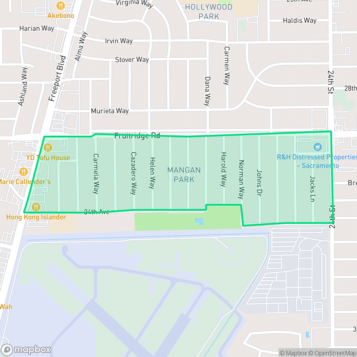 Map showing the location of Mangan Park, Sacramento, CA