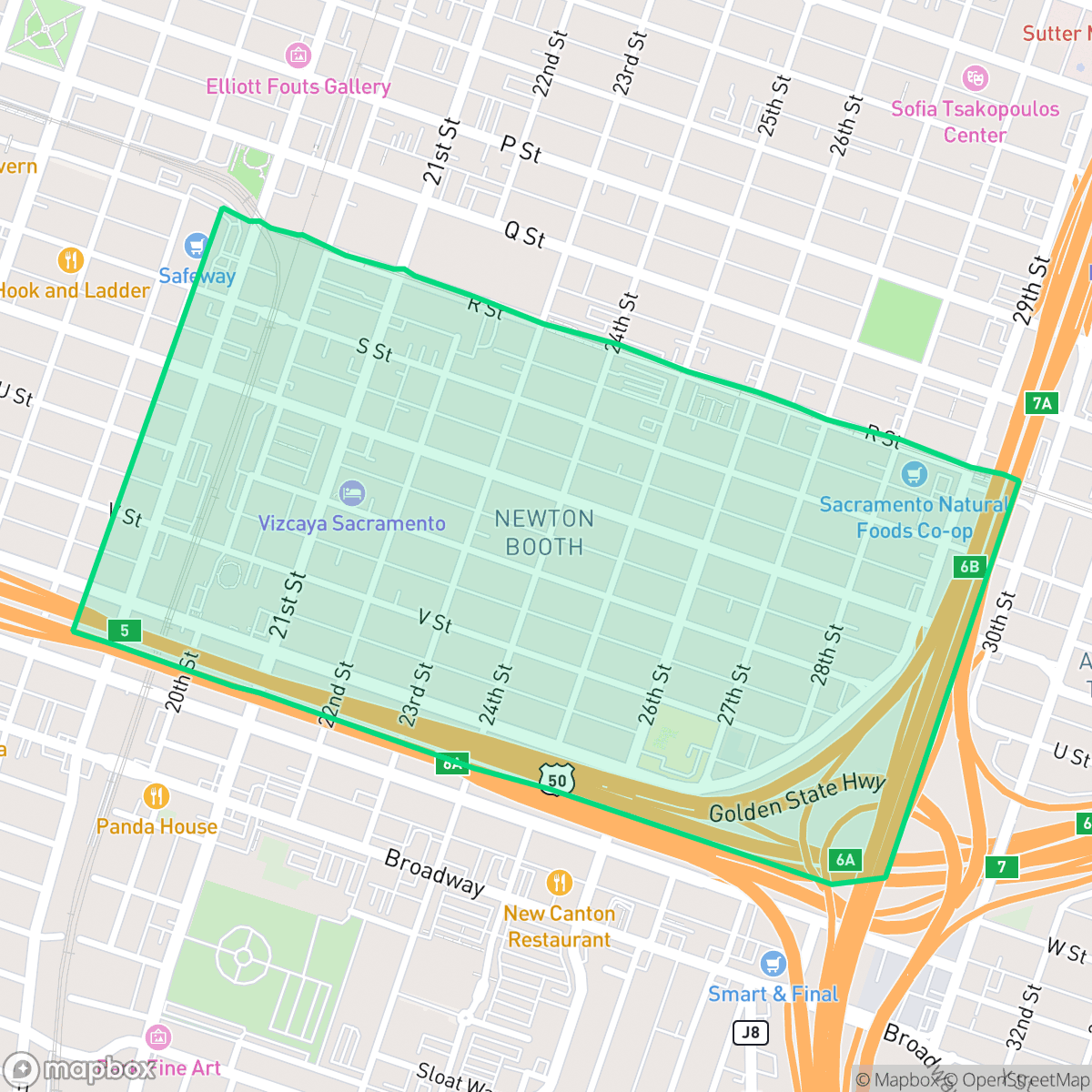 Map showing the location of Newton Booth, Sacramento, CA