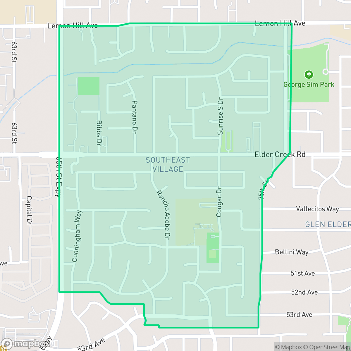 Map showing the location of Southeast Village, Sacramento, CA