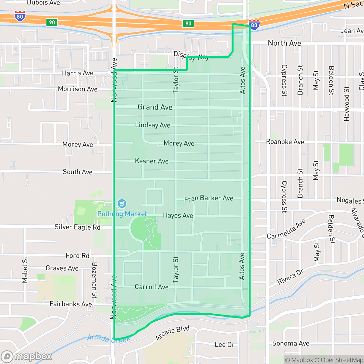 Map showing the location of West Del Paso Heights, Sacramento, CA