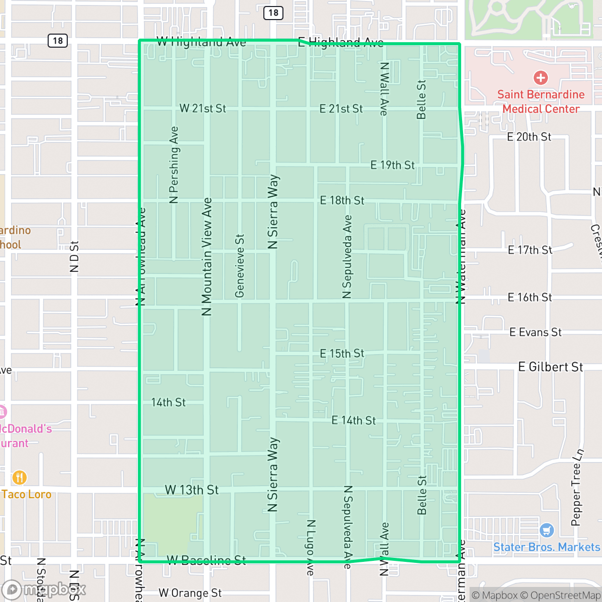 Map showing the location of DMV, San Bernardino, CA