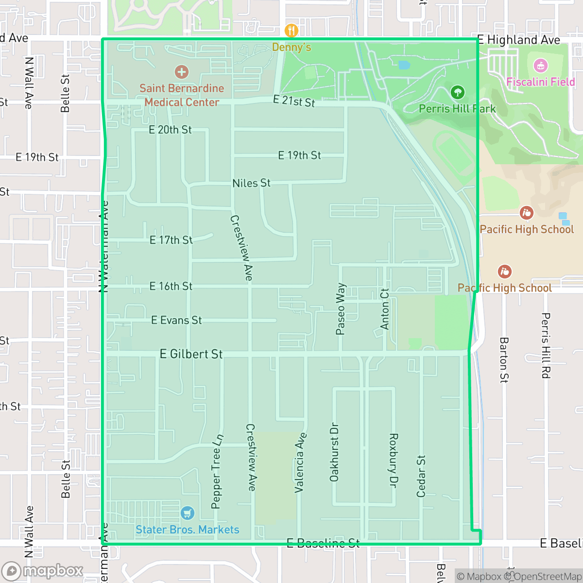 Map showing the location of Perris Hills, San Bernardino, CA