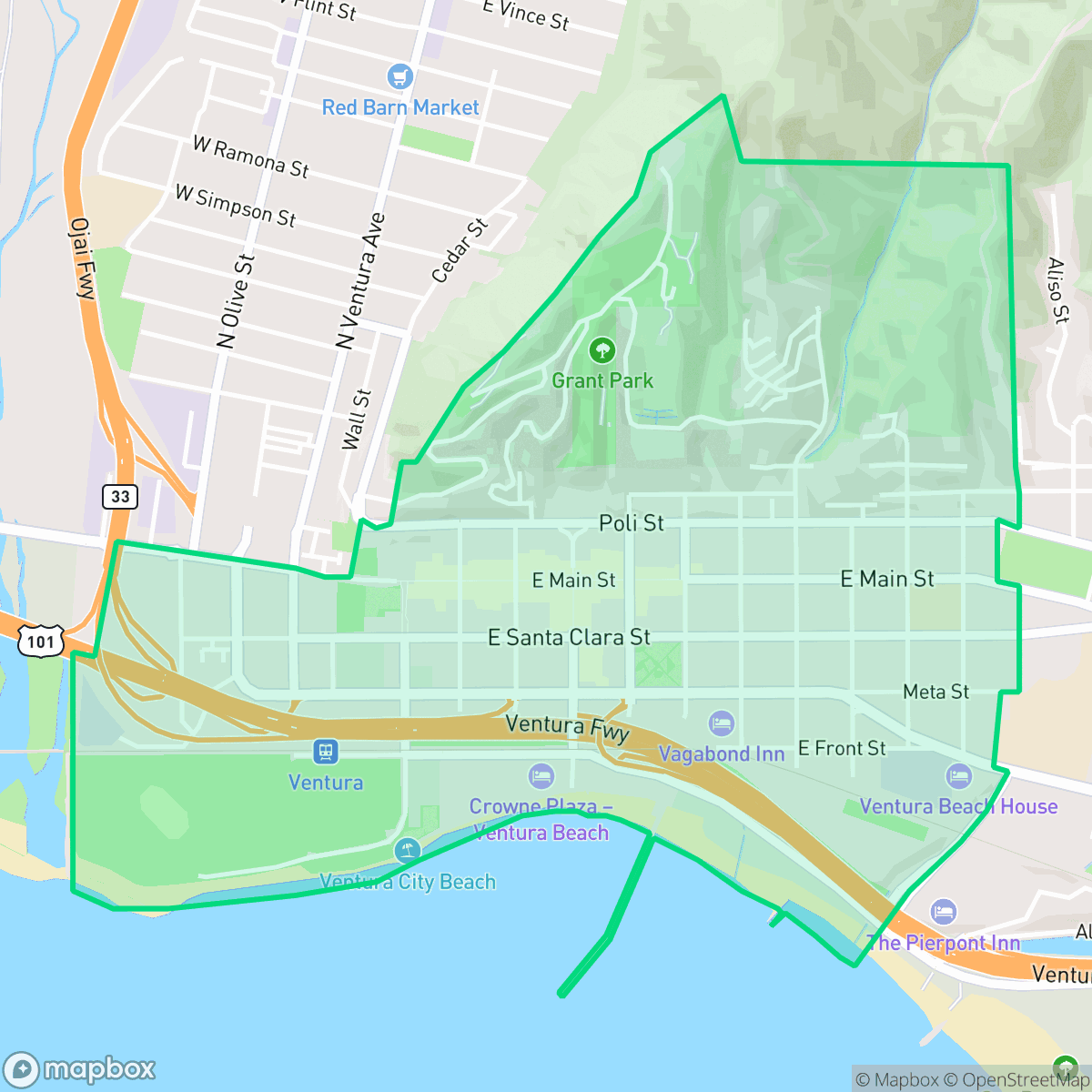 Map showing the location of Downtown, San Buenaventura (Ventura), CA