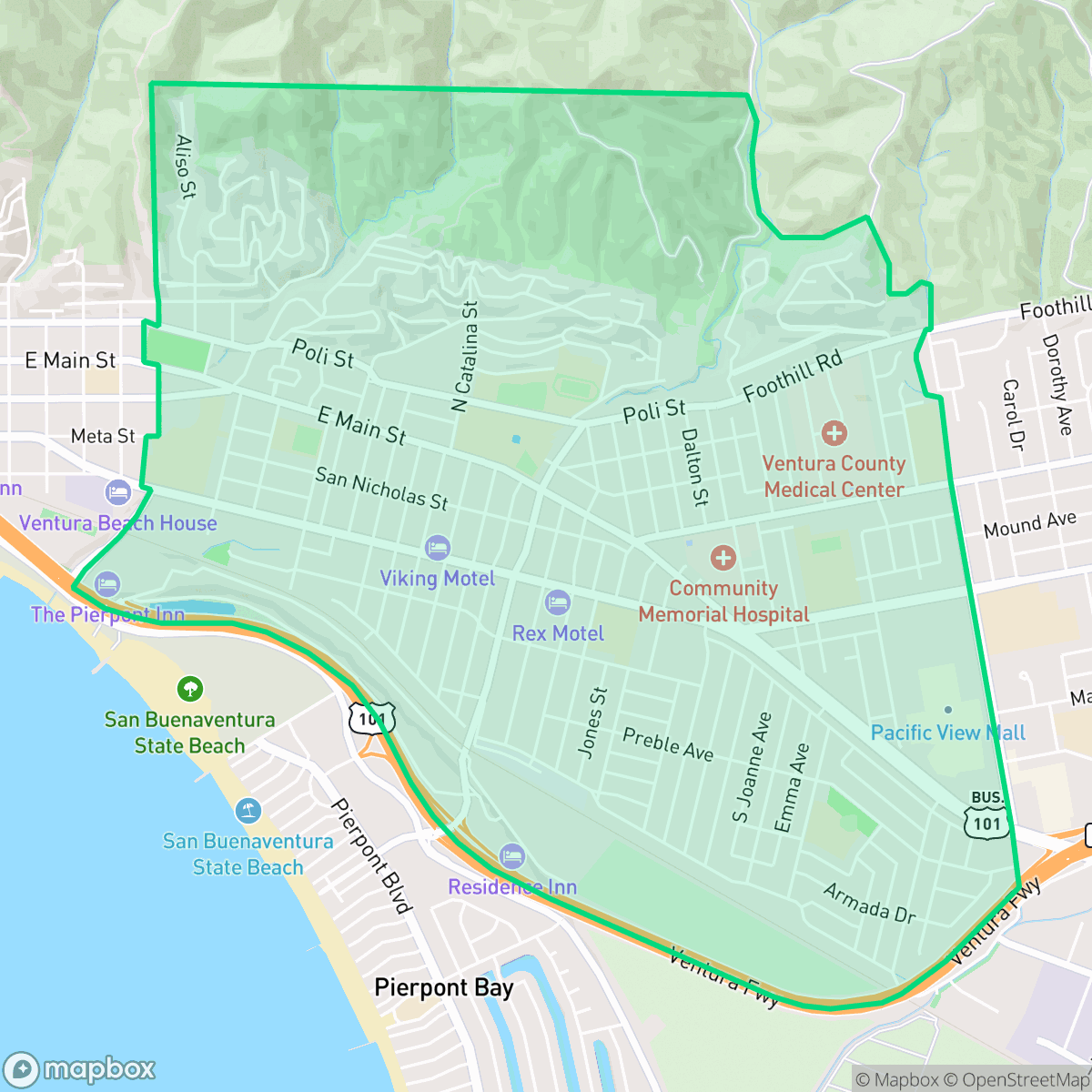 Map showing the location of Midtown, San Buenaventura (Ventura), CA