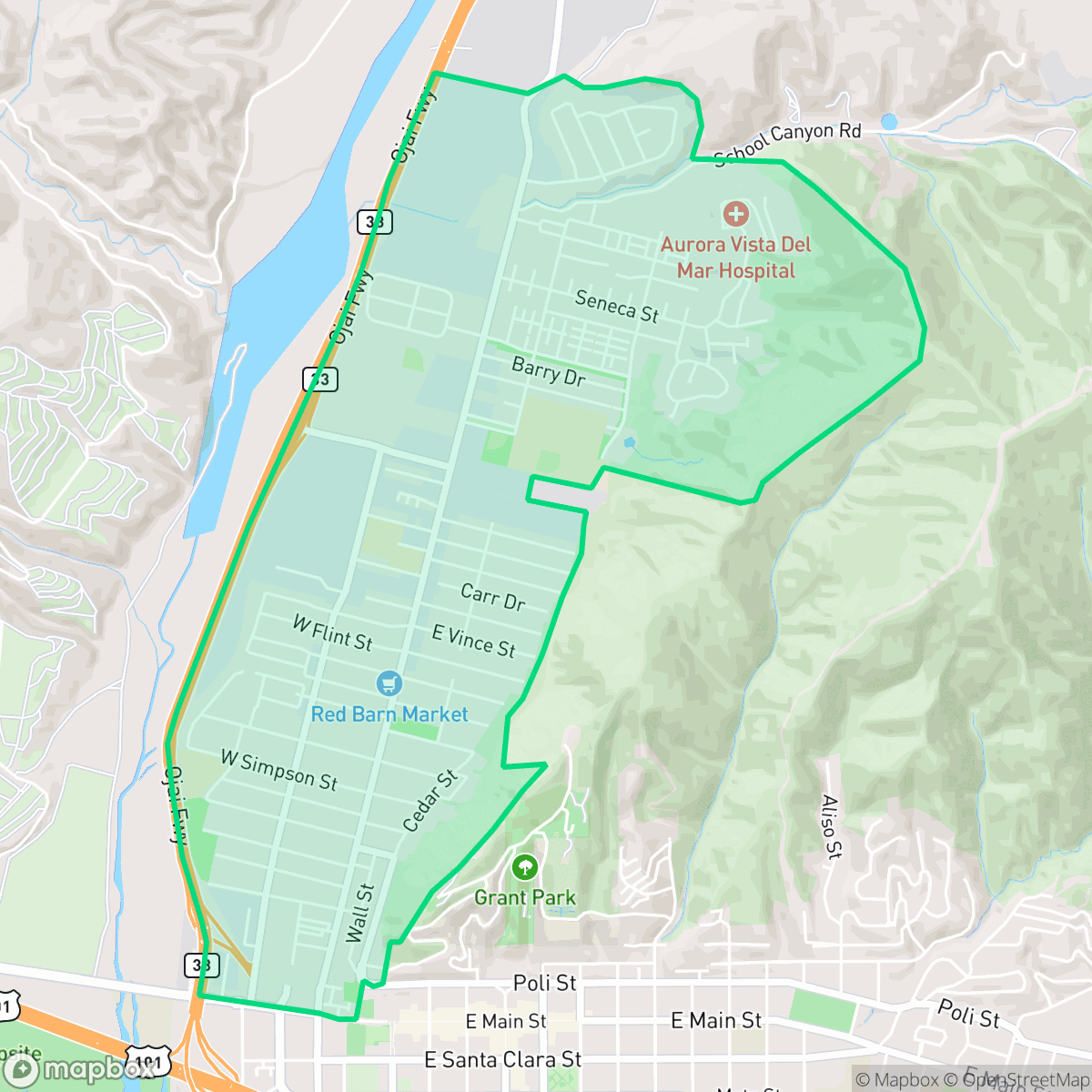 Map showing the location of The Avenue, San Buenaventura (Ventura), CA