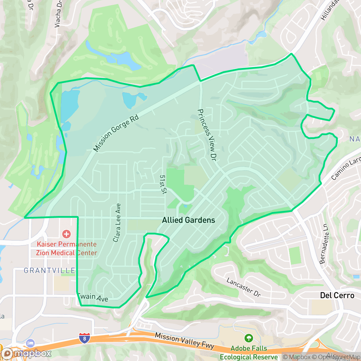 Map showing the location of Allied Gardens, San Diego, CA