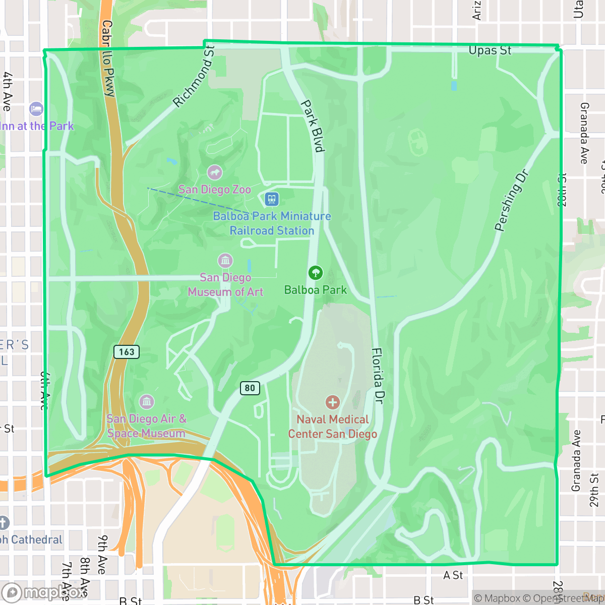 Map showing the location of Balboa Park, San Diego, CA
