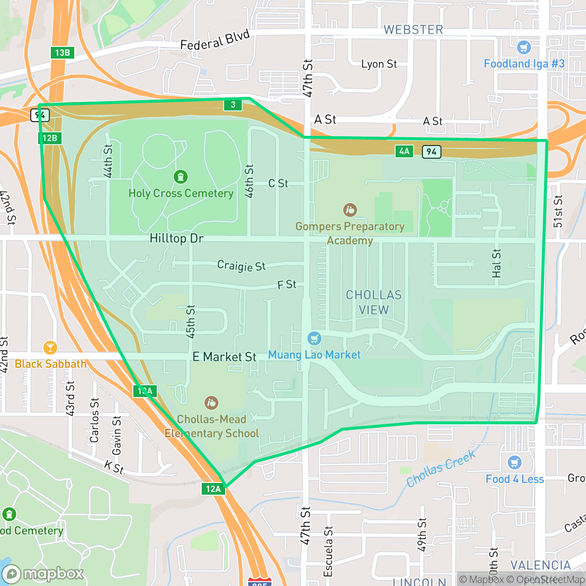 Map showing the location of Chollas View, San Diego, CA