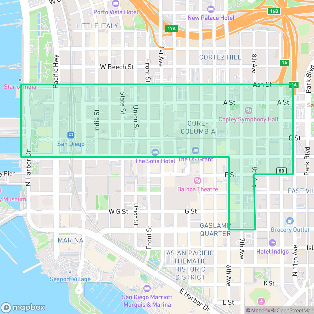 Map showing the location of Core-Columbia, San Diego, CA
