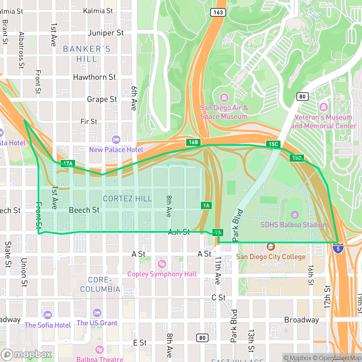 Map showing the location of Cortez Hill, San Diego, CA