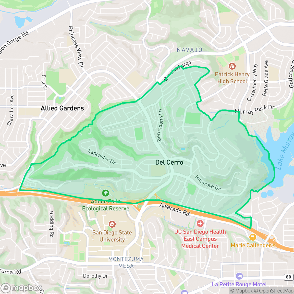 Map showing the location of Del Cerro, San Diego, CA